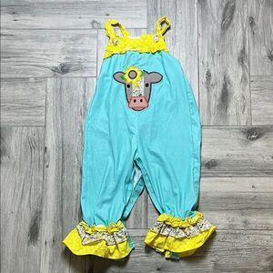 Charming Turquoise and Yellow Cow Print Kids Romper 2T